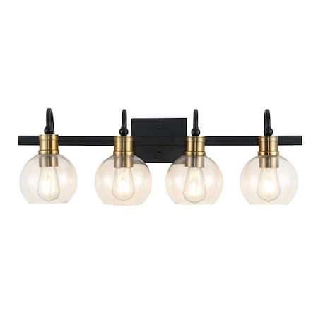 Jonathan Y Marais 29.75" 4-Light Iron/Glass Rustic Vintage LED Vanity Light, Black/Brass Gold JYL3529A