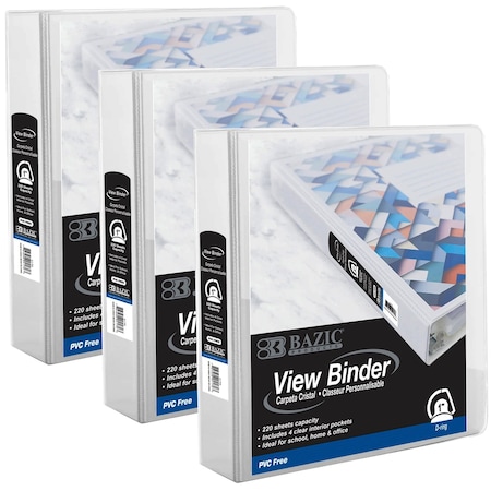 Bazic Products PVC-Free Slant-D Ring View Binder with 4-Pockets, 1", White, 3PK 4170