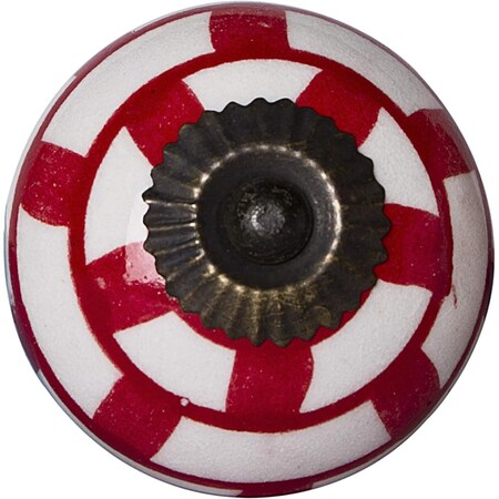 Set of Twelve Red And White Geometric Ceramic Drawer Pull Knobs, 12PK