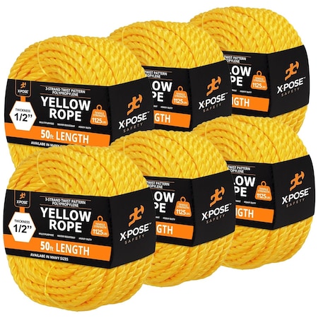 Xpose Safety 1/2in x 50 ft Twisted Polypropylene Rope, Yellow, 6PK YPR12-50-6-X