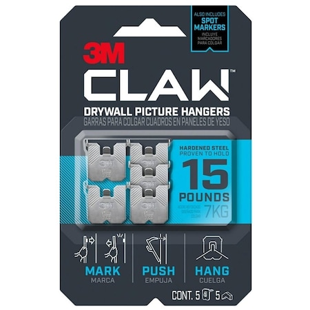 Claw 3M Drywall Picture Hanger, 15 lb, Steel, Push-In Mounting, 5PK 3PH15M-5ES