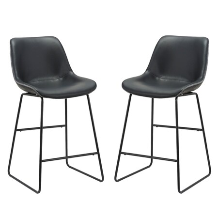 Homeroots Set of Two Black Faux Leather and Metal Low Back Counter Height Bar Chairs, 2PK 555071
