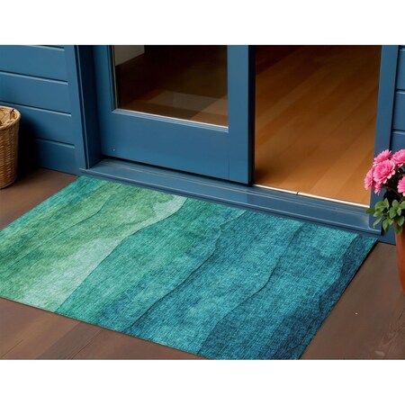 Homeroots 3' X 5' Teal Blue And Green Abstract Washable Indoor Outdoor Area Rug 618160