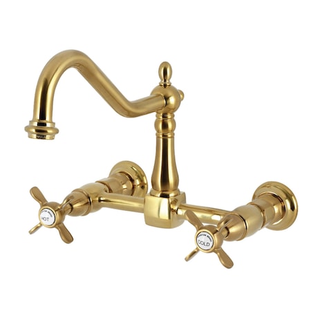 Kingston Brass Two-Handle Wall Mount Bridge Kitchen Faucet, Brushed Brass KS1247BEX