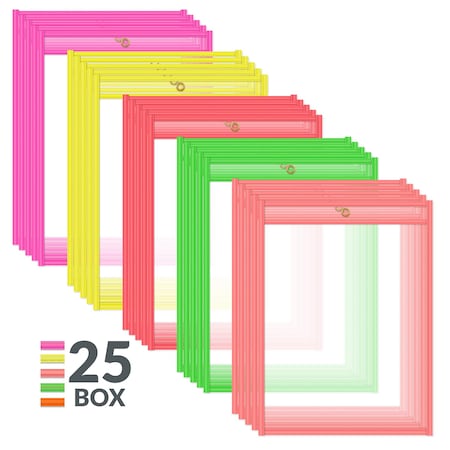 C-Line Products 9"x 12" Assorted Neon Colors Vinyl Reusable Dry Erase Pockets, 25/BX 40820