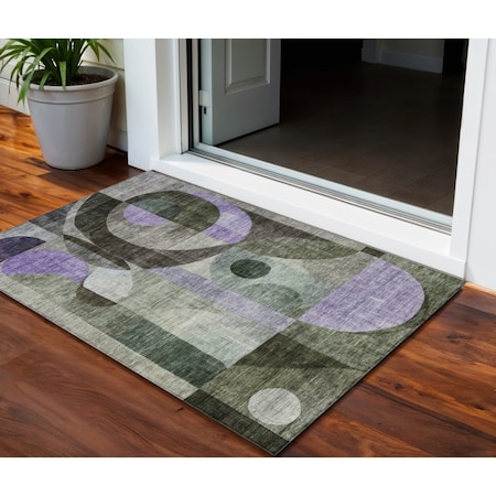 Homeroots 3' X 5' Olive Green Purple And Gray Geometric Washable Indoor Outdoor Area Rug 604414