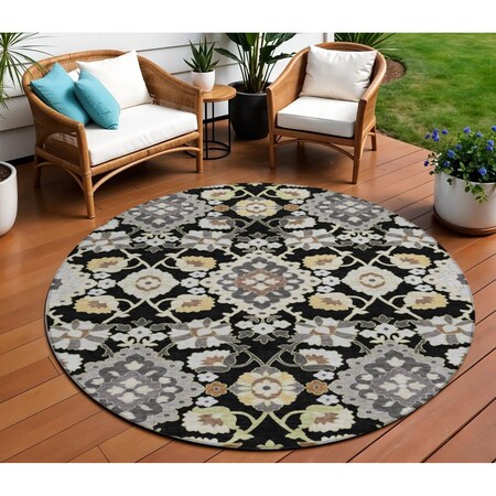 Homeroots 8' Black Gray And Brown Round Oriental Washable Indoor Outdoor Area Rug 597664