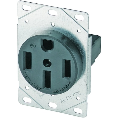 Eaton Wiring Devices Straight Blade Receptacle, 14-50R, 50 A, 125/250V AC, 3 Pole, 4 Wire, Flush Mount, Grounded AH1258BK-F