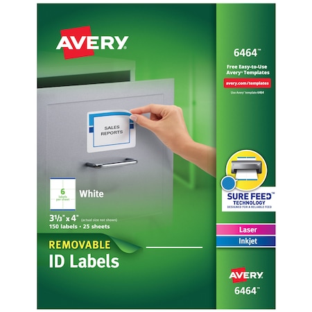 Avery Removable ID Labels, Sure Feed Te, PK150 6464