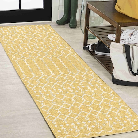 Jonathan Y Ourika Moroccan Geometric Textured Weave Yellow/Cream 2 ft. x 10 ft. Indoor/Outdoor Runner Rug SMB108G-210