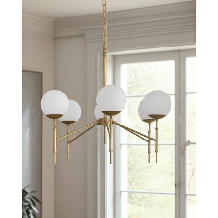 Homeroots Gold Sputnik Six Light Frosted Metal and Glass Dimmable Chandelier With White Shades 611359
