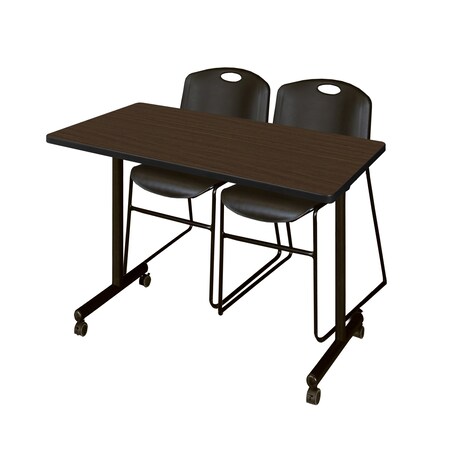Regency Kobe Mobile T-Base Training Table W/ 2 Zeng Stack Chairs, 48 in W, 24 in L, Neo Walnut MKTRCC4824NW44BK