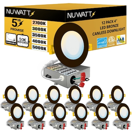 Nuwatt 4 Inch Bronze Canless Recessed Lighting Slim LED Wafer Lights, Wet Rated, 2700K-5000K, 630LM, 12PK NW-P-DL-4-9W-5CT-BZ-12P