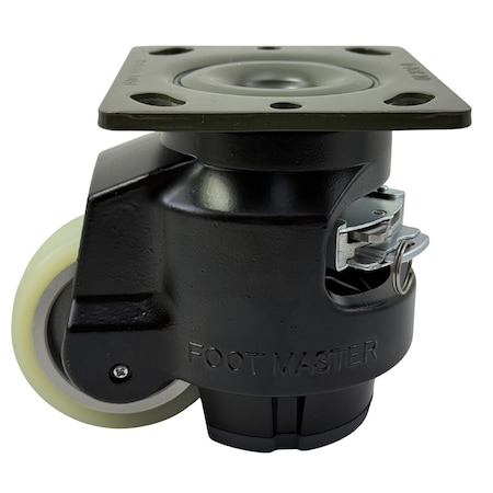 Foot Master Leveling Caster, Rachet, 75MMPolyurethane Wheel, 95x95MMPlate, Swivel, 750kg Cap, NBR Foot Pad, BL GDR-100-F-HUP-FBL