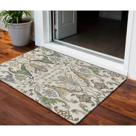 Homeroots 3' X 5' Ivory Green And Brown Floral Washable Indoor Outdoor Area Rug 605283