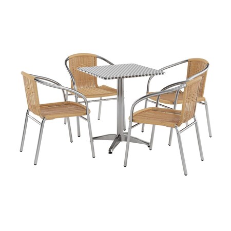 Flash Furniture Square Table Set, Aluminum, Plastic, Rattan, Stainless Steel, Grey TLH-ALUM-24SQ-020BGECHR4-GG