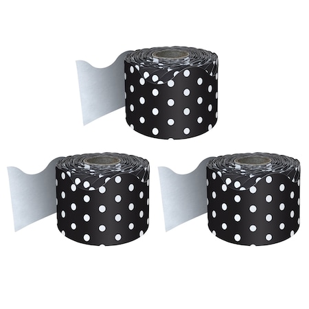 Carson Dellosa Black with White Polka Dots Rolled Scalloped Border, 65 Feet Per Roll, 3PK 108474
