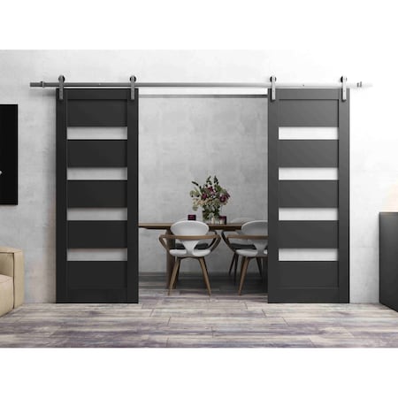 Sartodoors Sturdy Dbl Barn Door 84 x 84in, Quadro 4113 Matte Black Frosted Glass, SS 14FT Rail Hangers Heavy Set QUADRO4113DB-S-BLK-8484