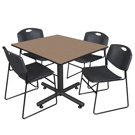 Regency Square Kobe Breakroom Table W/ 4 Zeng Stack Chairs, 48 in W, 48 in L, Noble Oak TKB4848NO44BK