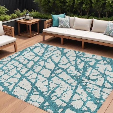 Homeroots 10' X 14' Teal Blue And Ivory Abstract Washable Indoor Outdoor Area Rug 614394
