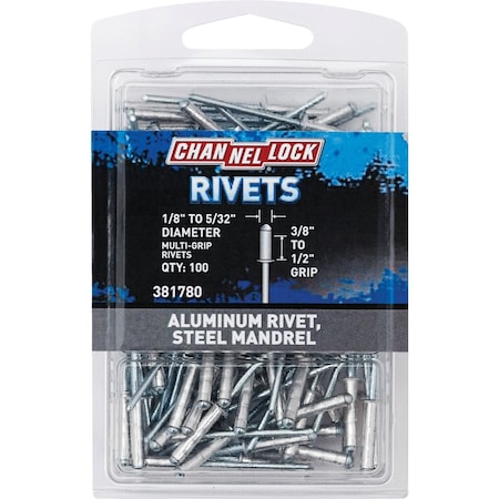 Channellock 1/8'' to 5/32''Dia.x0.251'' to 0.437'' Grip Aluminum Multigrip POP Rivet, 100PK 381780