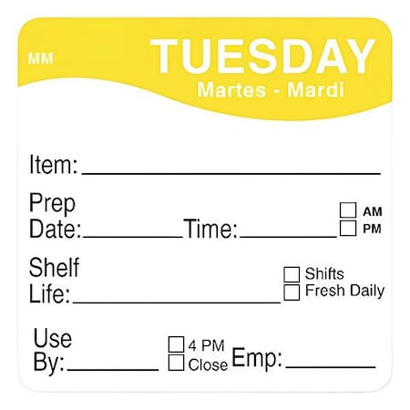 Daymark Day of the Week Label, Yellow, 2" H, Paper IT120156-2-Tue