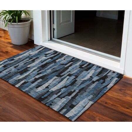 Homeroots 3' X 5' Blue Black And Gray Striped Washable Indoor Outdoor Area Rug 603215