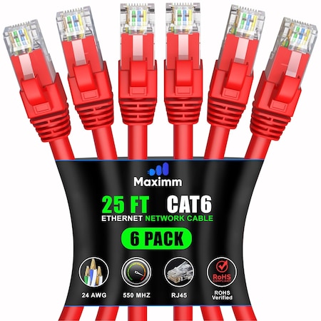 Maximm Cat6 Ethernet Cable 25ft 10Gbps 550MHz UTP, 6PK, Red, 6PK CAT6-CCA-25FTRED-6PK
