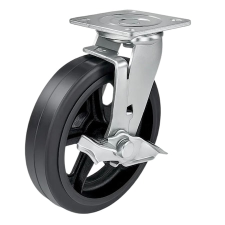 Hyw Products Heavy Duty Caster 8in Rubber on Cast Iron Wheel, Swivel with Brake 40-80S-A1-RC-TB