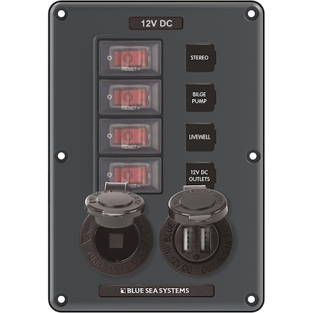 Livewire Circuit Breaker Switch Panel 4 Position with 12V Socket & Dual USB, Gray LI3451252