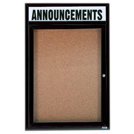 Aarco Enclosed Natural Pebble Grain Cork Bulletin Board w/ Header Bronze Anodized Al Frame, 24''Hx18''W DCC2418RHBA