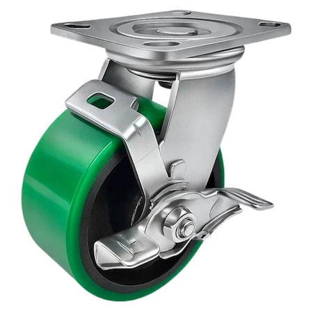 Hyw Products Heavy Duty Caster 5in Green Polyurethane on Cast Iron Wheel, Swivel with Brake 40-50S-A1-PC-TB(G)