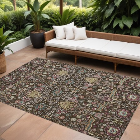 Homeroots 8' X 10' Chocolate Red And Gold Floral Washable Indoor Outdoor Area Rug 604644