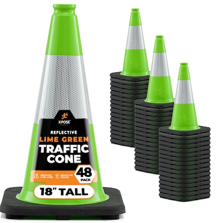 Xpose Safety Traffic Safety Cone, 18 in, Premium PVC, 6 in Reflective Collar, Lime Green, 48 pk LTC18-6-48-X