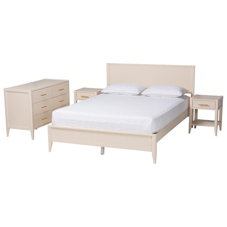Baxton Studio Primrose Mid-Century Ivory Fluted Wood Queen Size 4-Piece Bedroom Set 249-13817-13831-13823-ZORO