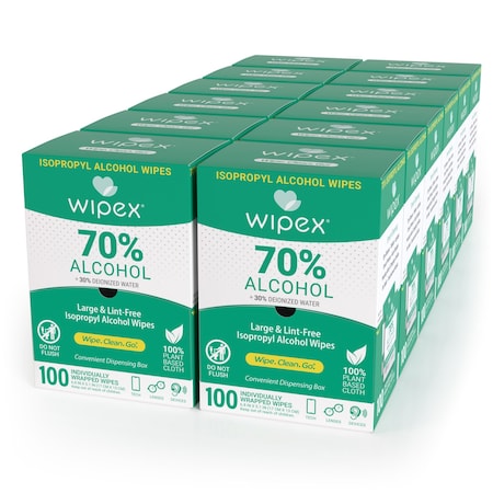 Wipex 70% Isopropyl Alcohol Wipes Sachets 100ct Gravity Dispenser Box, 1200 wipes, Plant-Based Cloth, 12PK WX72002SSDB1-12