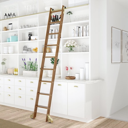 Quiet Glide 8.92 ft. Walnut Sunburst Wheel Brushed Satin Brass Rolling Hook Removable Ladder, 12 ft. Rail QG.510-9WA-12-H.06B