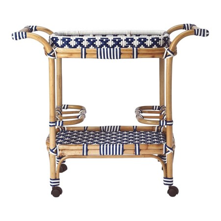 Homeroots 35in Navy Blue White And Natural Rolling Rattan Bar Cart 388948