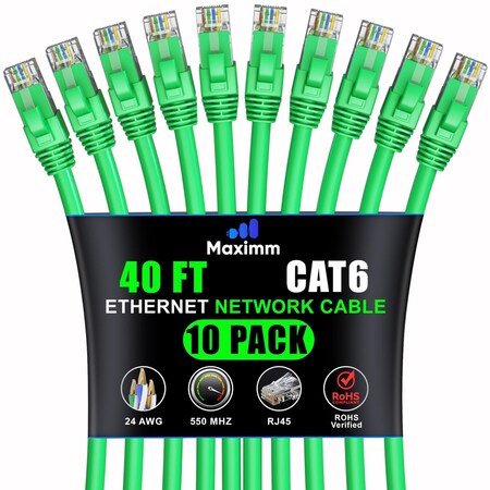 Maximm Cat6 Ethernet Cable 40ft 10Gbps 550MHz UTP, 10PK, Green, 10PK CAT6CCA-40GN10PK