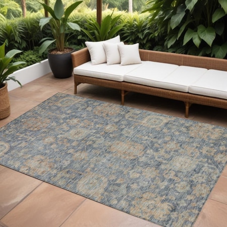 Homeroots 9' X 12' Denim Blue Brown And Beige Damask Washable Indoor Outdoor Area Rug 603849