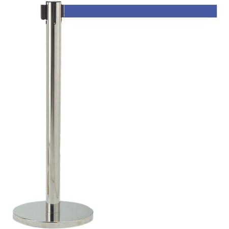 Retractable Belt Barrier, Chrome Finish/Blue Belt, 7 ft Length, Chrome