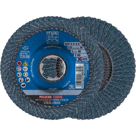 Pferd 5'' X-LOCK POLIFAN Flap Disc - Z SGP CURVE STEELOX, Zirconia, 40 Grit, Medium Radius 67798
