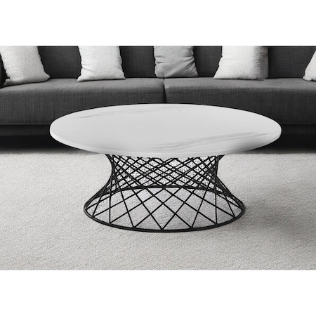 Homeroots 36" White And Black Genuine Marble And Metal Round Coffee Table 520646