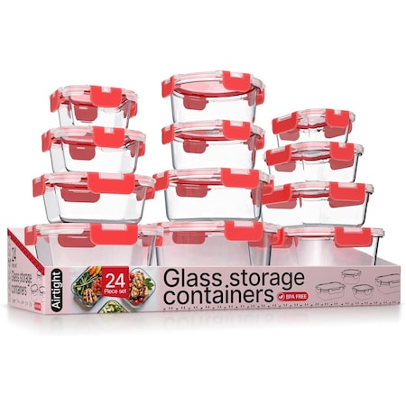 Bakkenmaster Borosilicate Glass Food Storage Containers with Lids, BPA-Free, Airtight and Leak-Proof, Red, 24PK EMPGFCL24RD