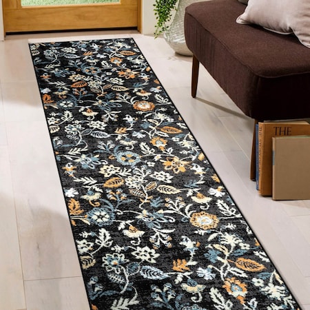 World Rug Gallery Vine Floral Runner Rug 2 ft 3 in x 8 ft Black WR145BLACK2X8