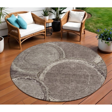 Homeroots 8' Chocolate And Beige Round Faux Bois Washable Indoor Outdoor Area Rug 613135