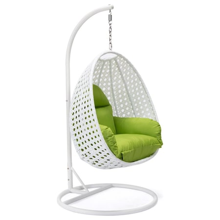 Leisuremod White Wicker Hanging Egg Swing Chair with Light Green Cushions ESCW-40LG