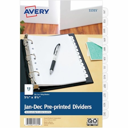Avery Dennison Avery Preprinted Monthly Tab Divider, Printed Jan to Dec, 5.5"x8.5", 12 Tabs, White/Clear 11315