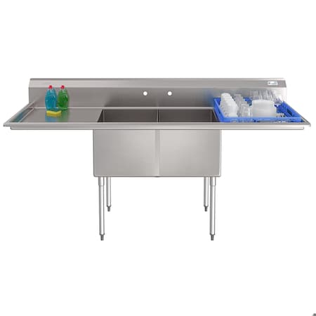Koolmore 84 in. 18-Gauge 2-Compartment Commercial Sink with Backsplash and 24 in. Dual Drainboards KM-SB182414-24B3