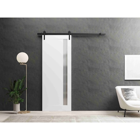 Sartodoors Sturdy Barn Door 36 x 84in, Painted White W/ Frosted Glass, 6.6FT Rail Hangers Heavy Hardware Set PLANUM0660BD-B-BEM-3684